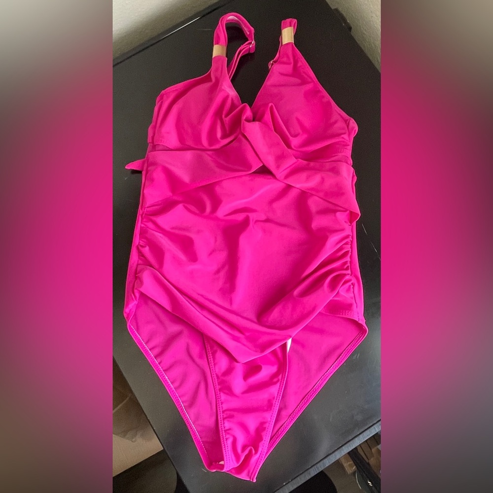 Hot Pink One Piece swimsuit Women’s small slimming waist gold detail on straps